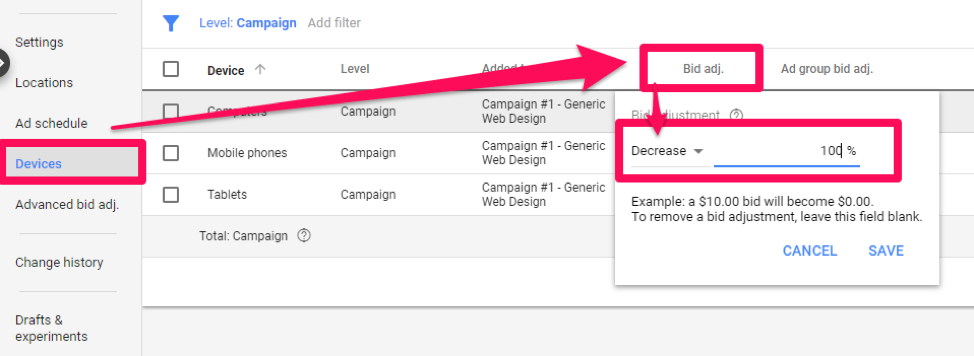 google ads campaign settings – adjusting bids for different devices