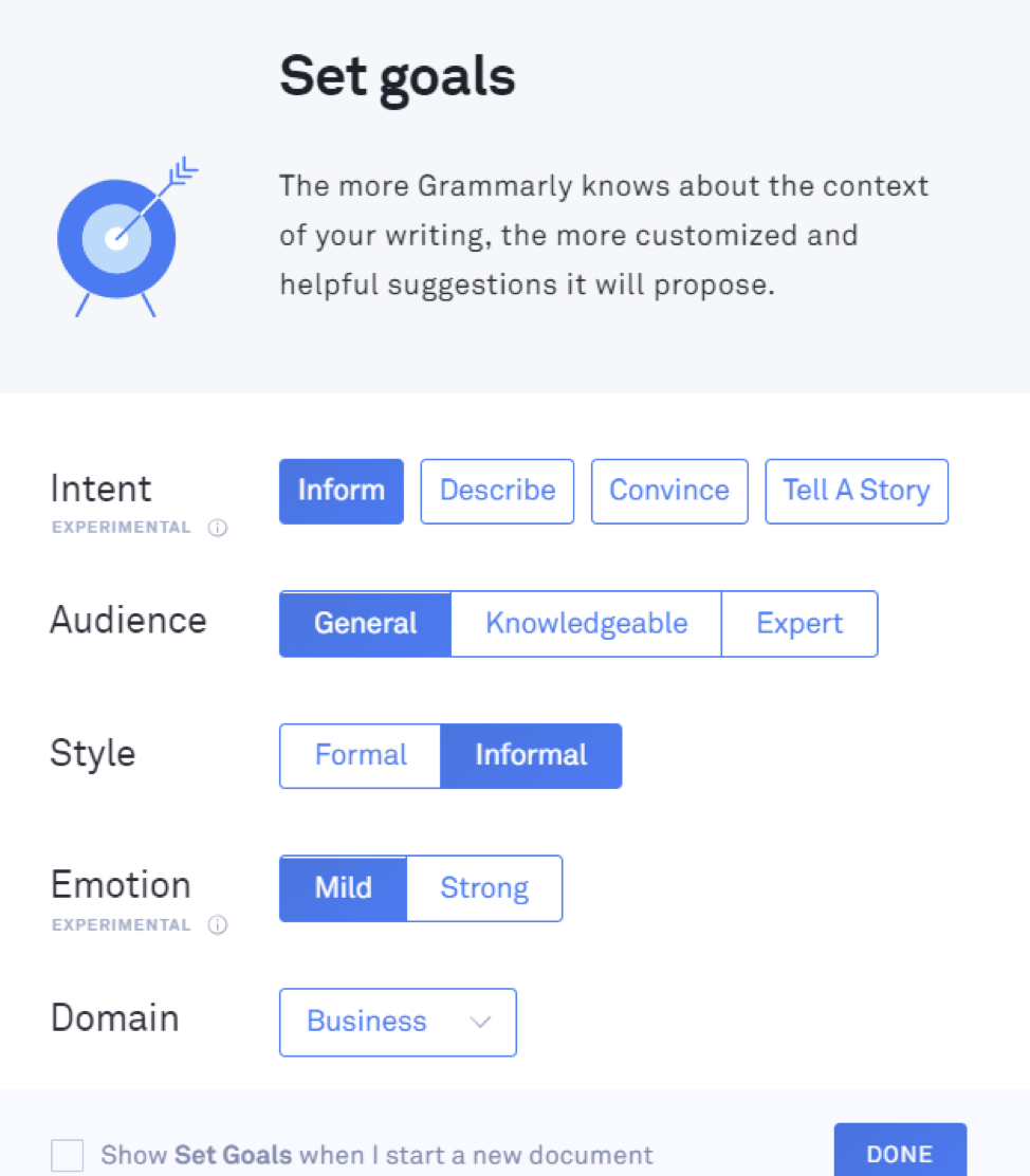 setting goals in grammarly